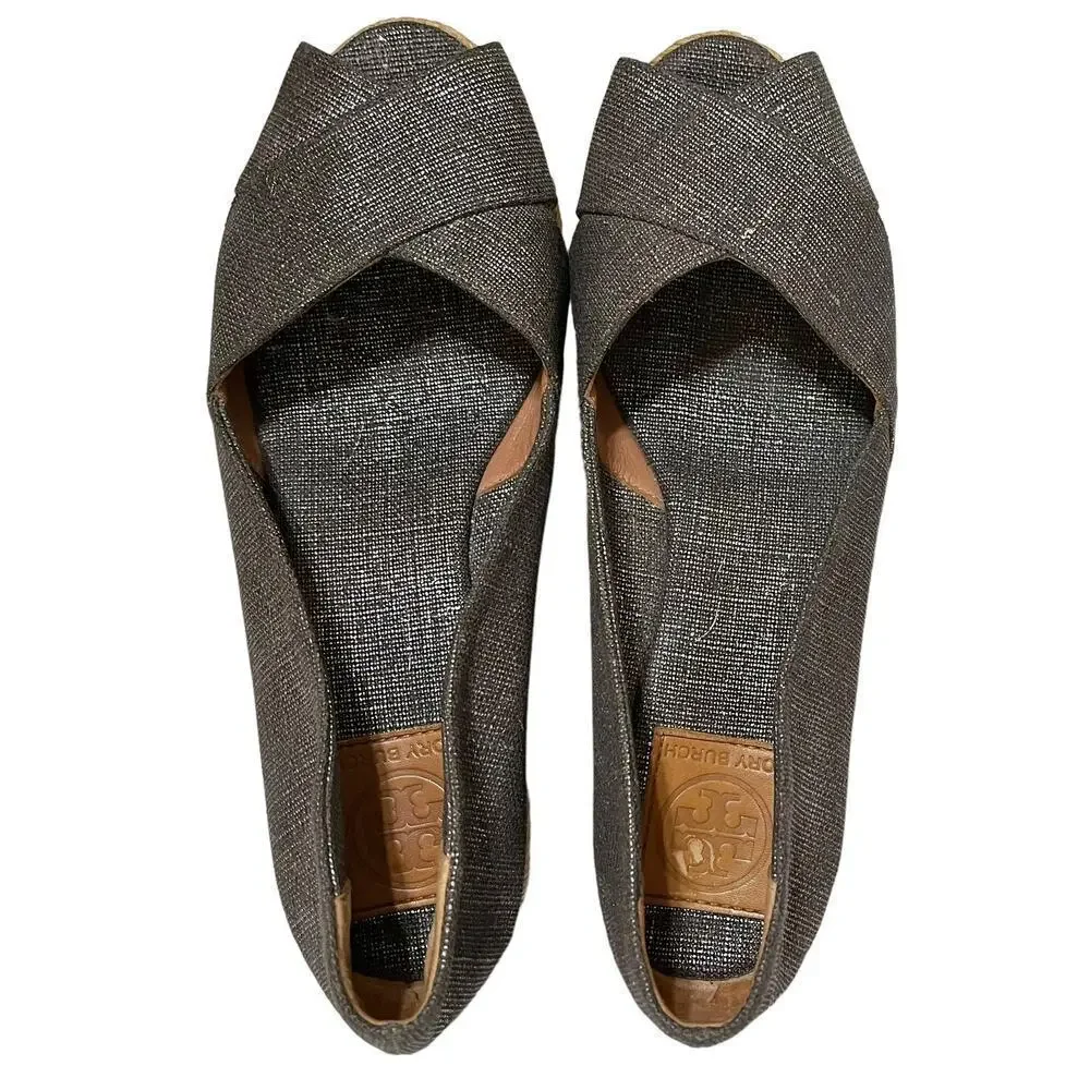 Tory Burch Filipa Pewter Linen Espadrille Wedges - Metallic Peep-Toe Heels